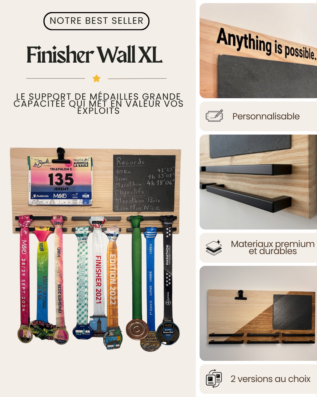 Support médaille personnalisé mural avec médailles de marathon, triathlon et dossard de course