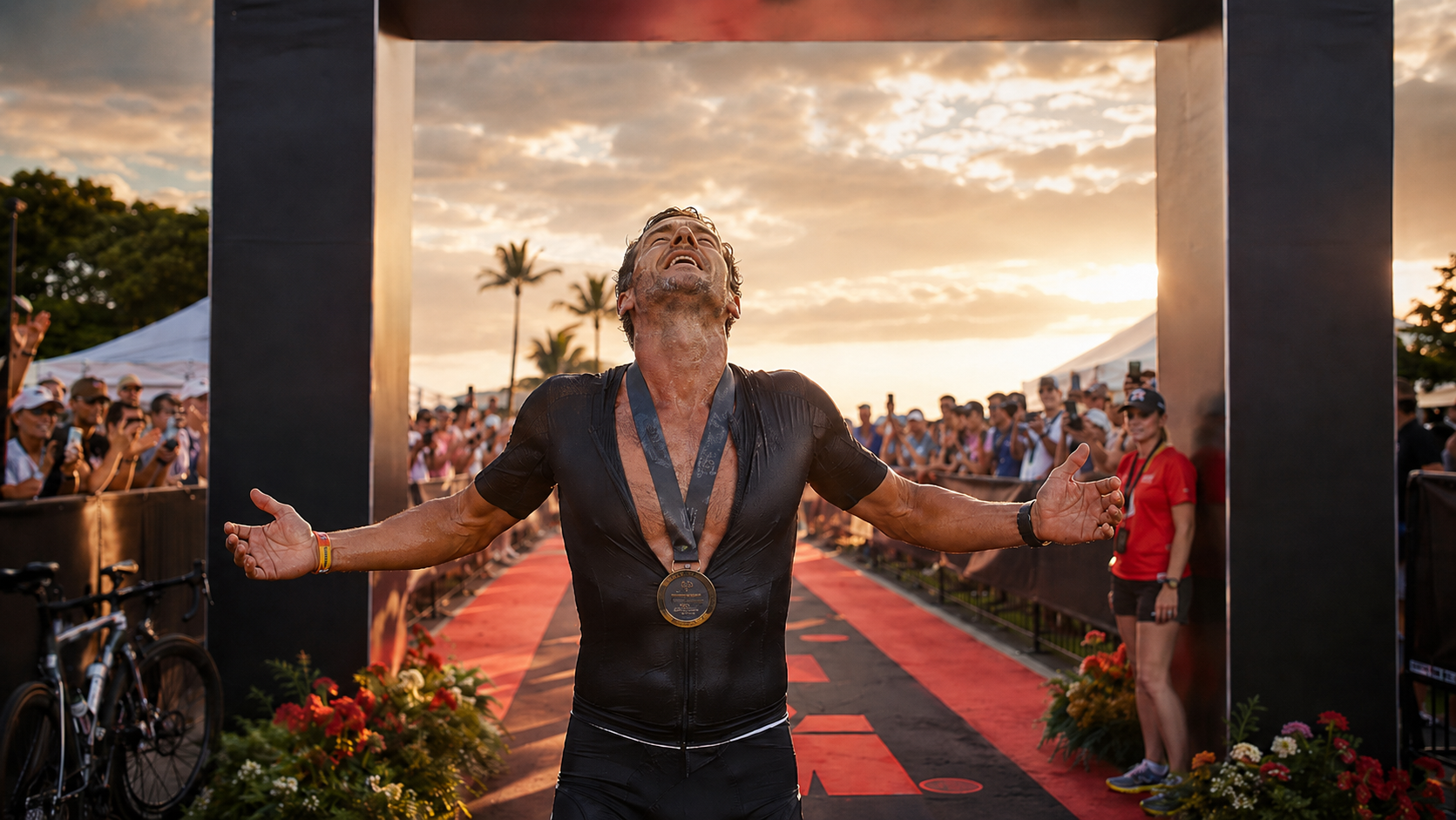 Cadeau pour finisher Ironman avec médaille de triathlon, dossard et porte-médailles personnalisé en bois