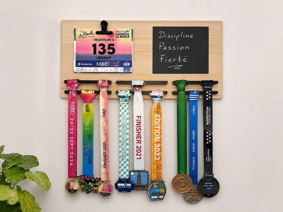 Présentoir mural pour médailles de sport, cadeau personnalisé pour coureur, triathlète, marathonien ou sportif.