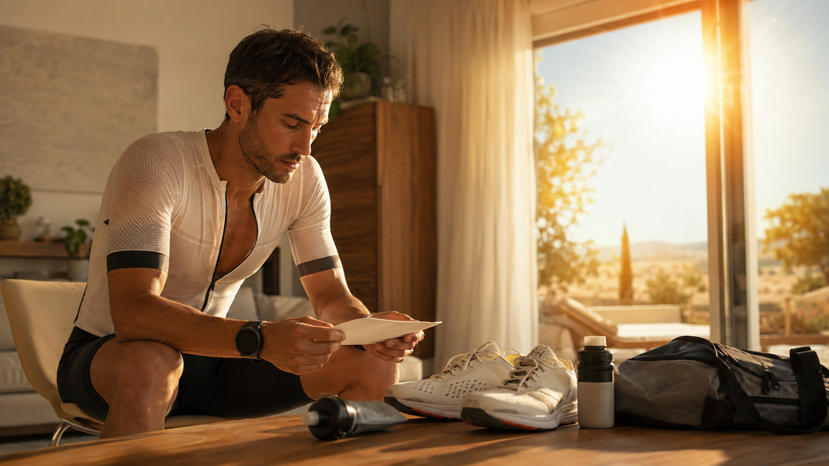 Triathlète déçu après une course annulée à cause de la chaleur avec dossard, équipement de course et objectif reporté