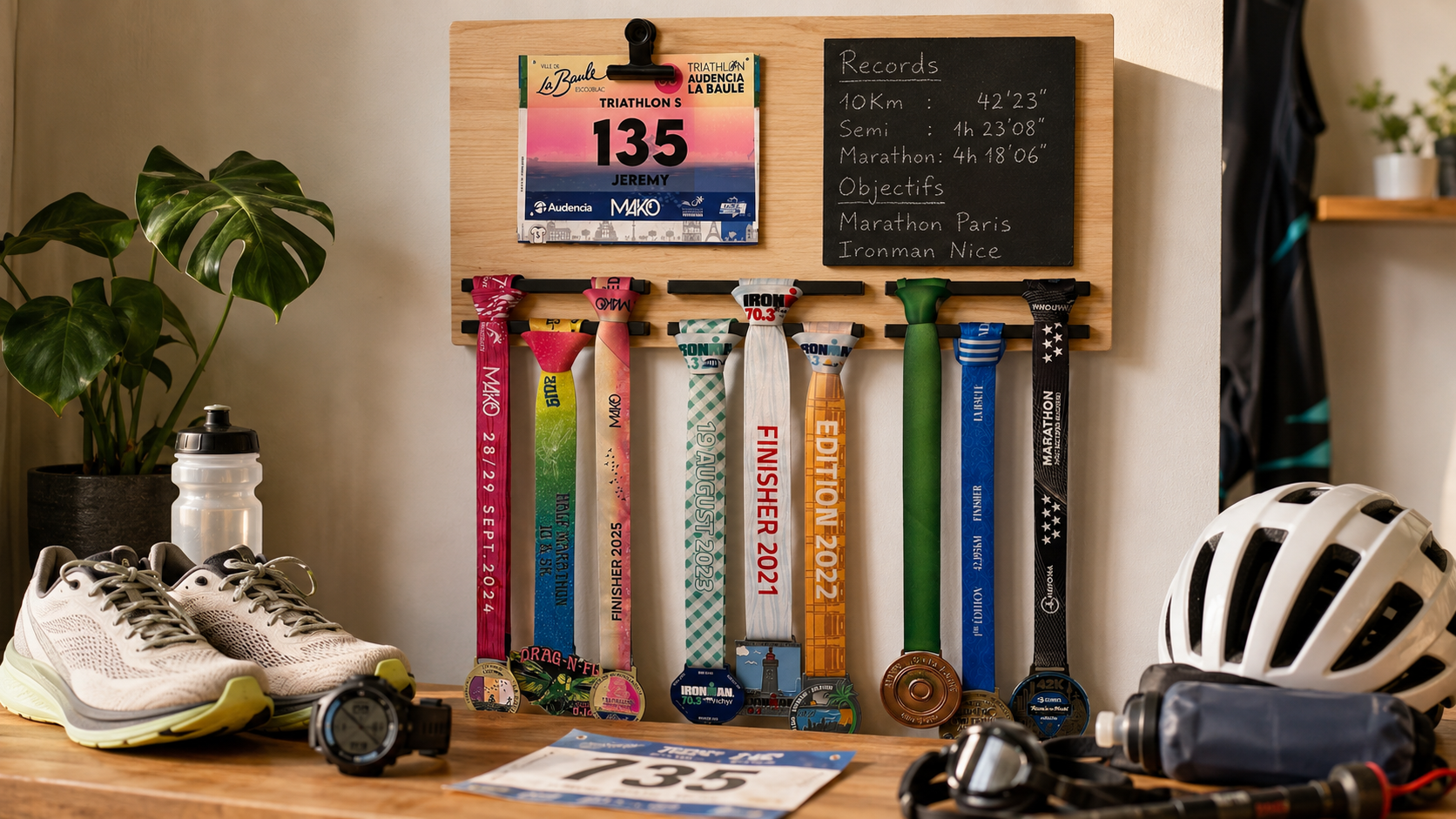 Comparatif de porte-médailles pour running, trail, triathlon et Ironman avec médailles et dossards de course