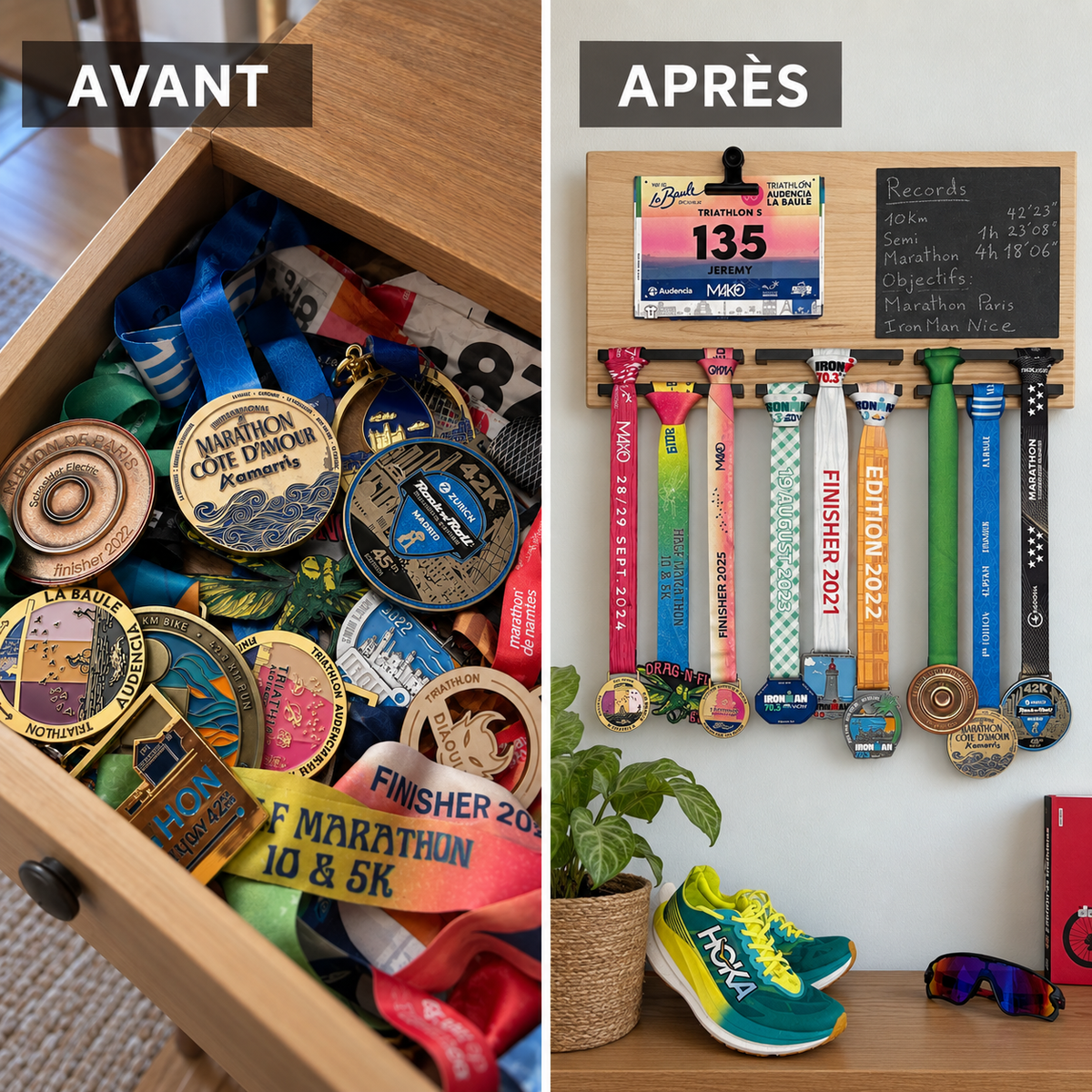 Ranger ses médailles de course : avant/après d’un tiroir encombré à un mur organisé