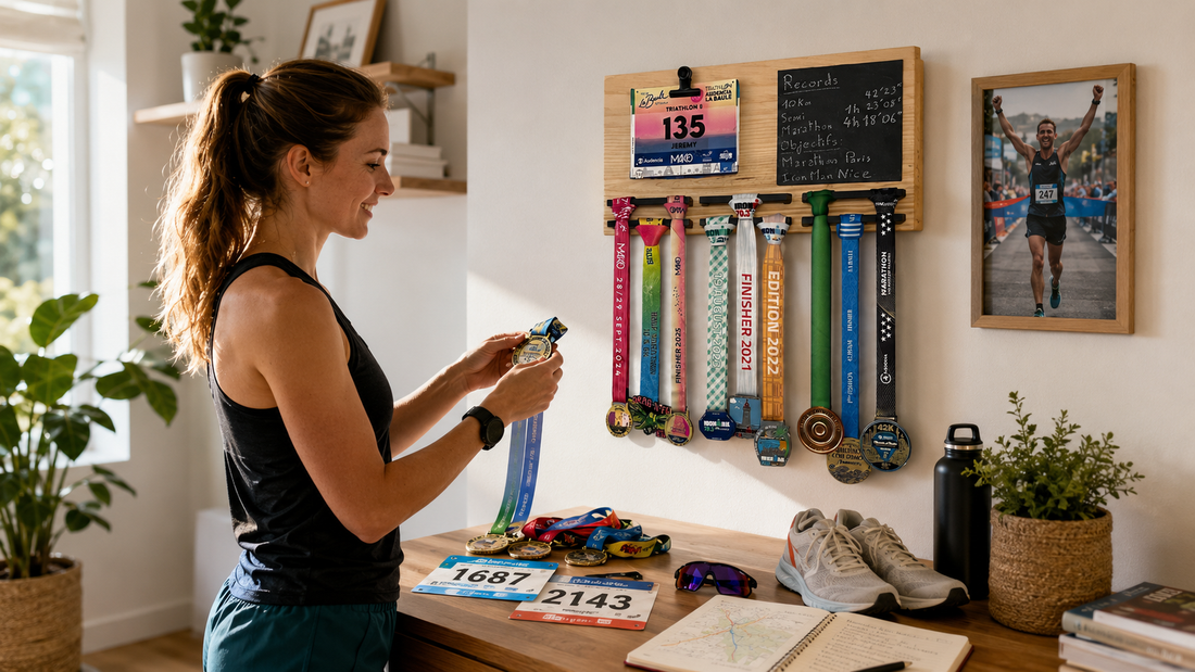 Runner organizing race medals and bibs in a stylish home race memory display