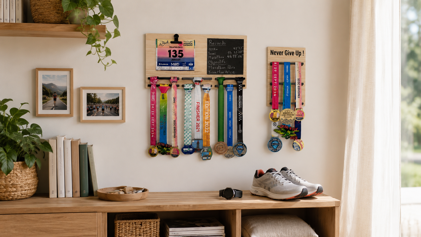 Mur de médailles running élégant avec médailles, dossards et souvenirs de course dans un intérieur moderne