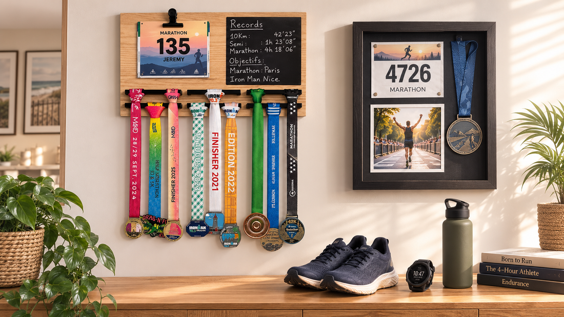 Comparison between a medal hanger and shadow box for displaying running medals and race bibs