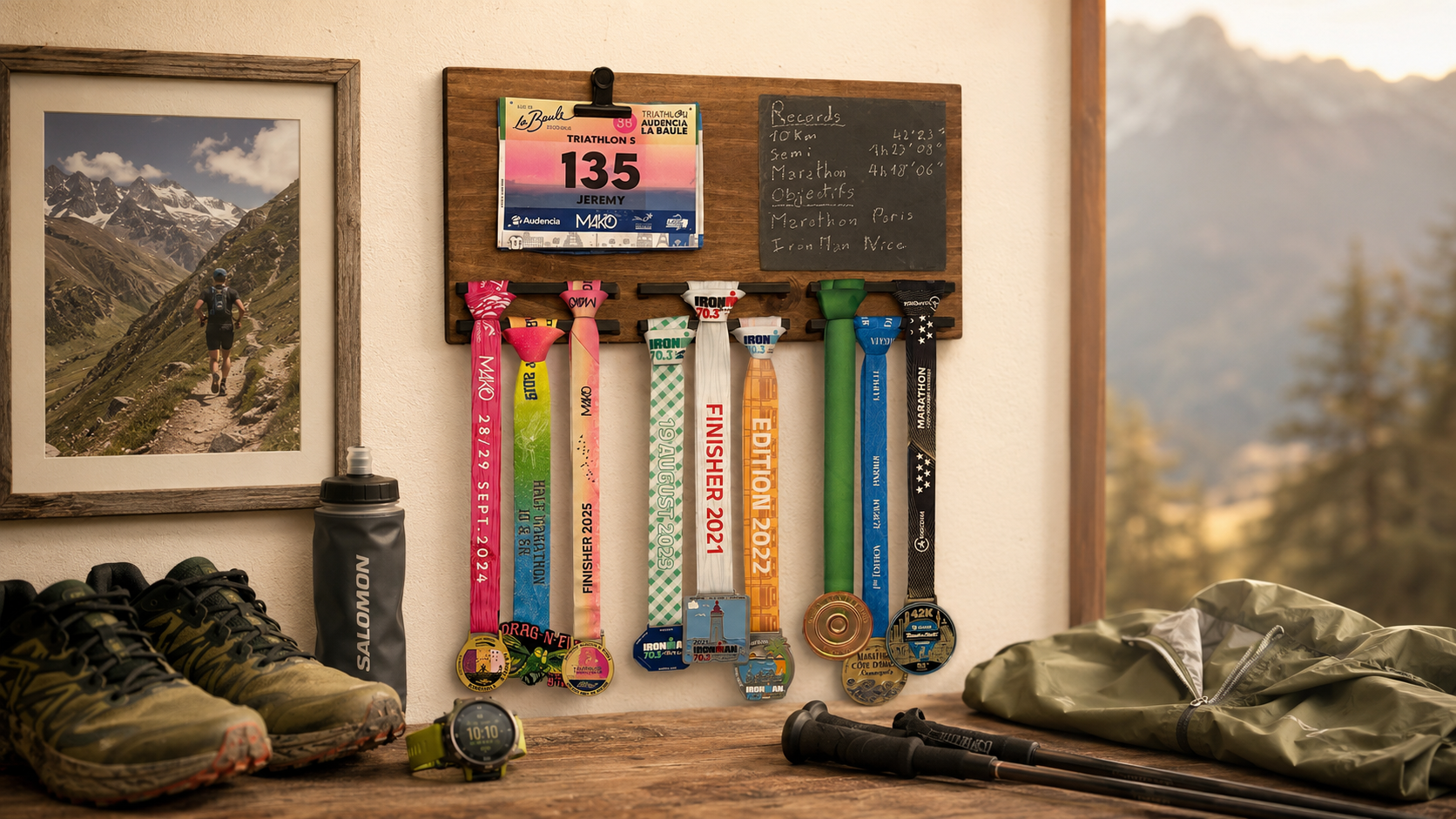Médaille et dossard de trail exposés sur un porte-médailles mural en bois avec souvenir de course en montagne