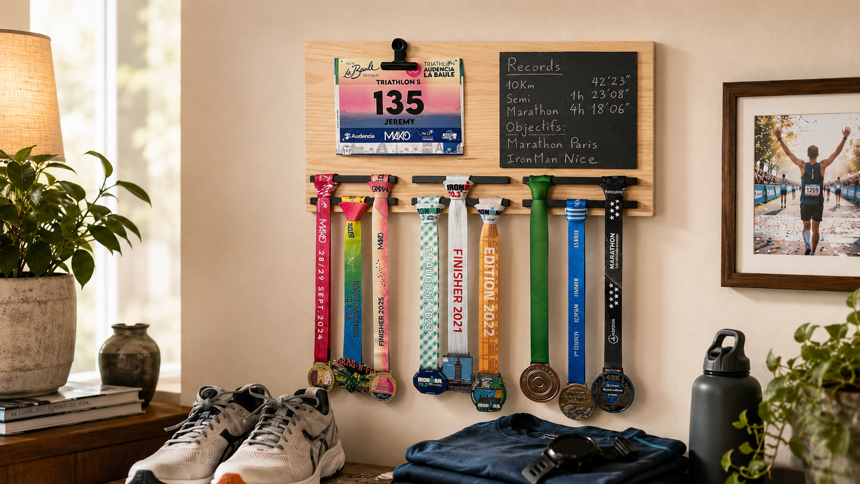 Cadeau après un premier marathon avec médaille de finisher, dossard de course et porte-médailles personnalisé en bois