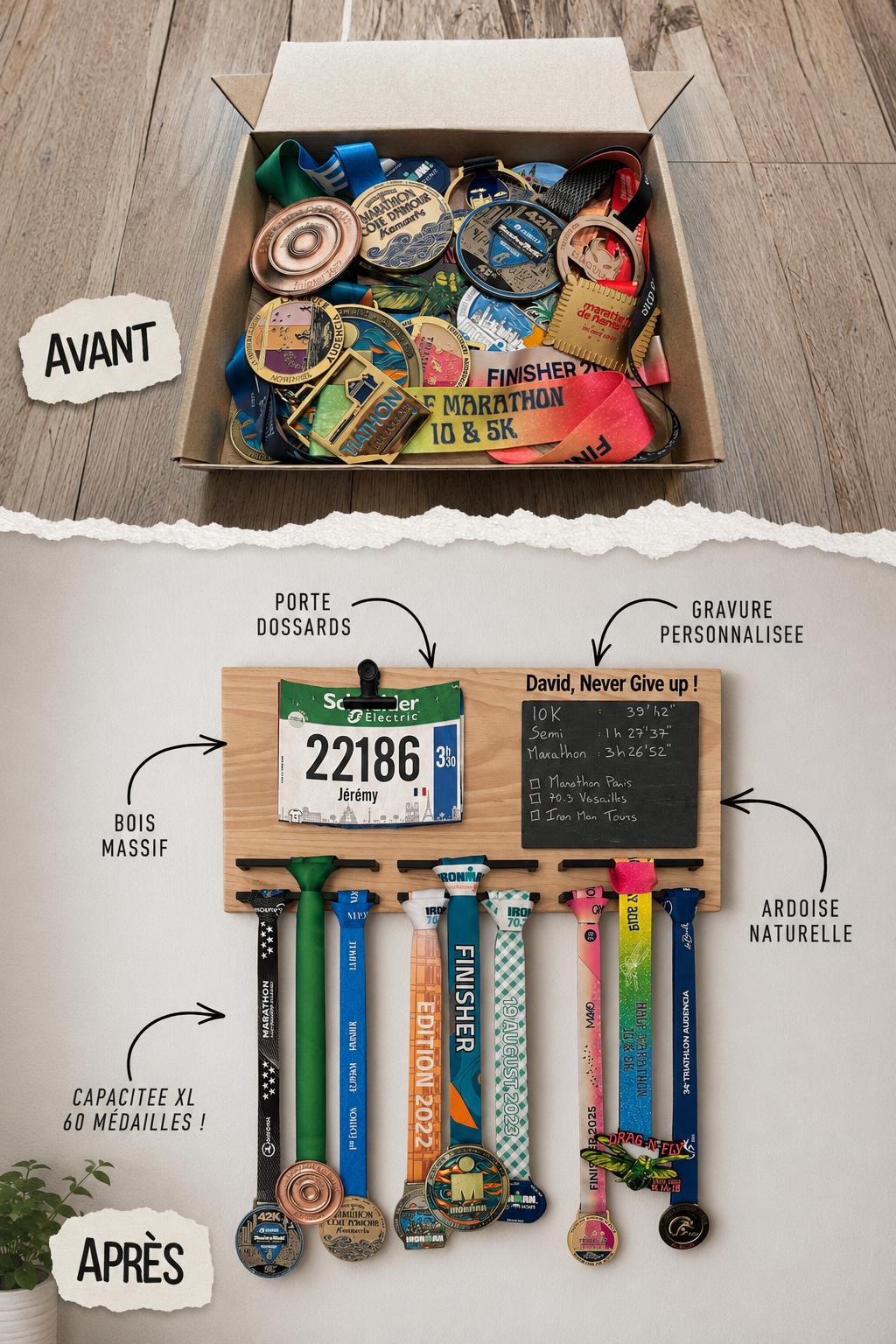 avant : medailles en vrac dans un carton. après : medailles rangées sur un porte medailles finisherdisplay