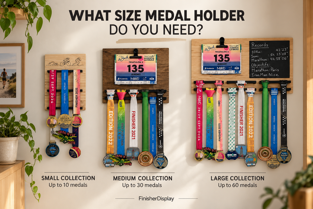 Running medal holders for small, medium and large race medal collections