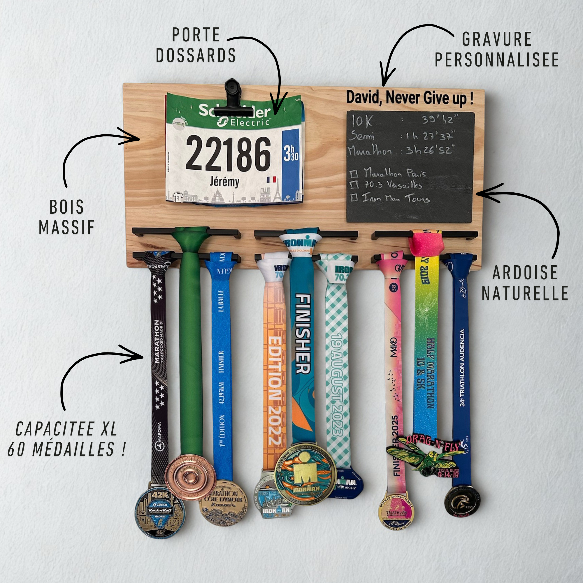 Dimensions du support médailles Finisher Wall pour médailles, dossards et souvenirs sportifs