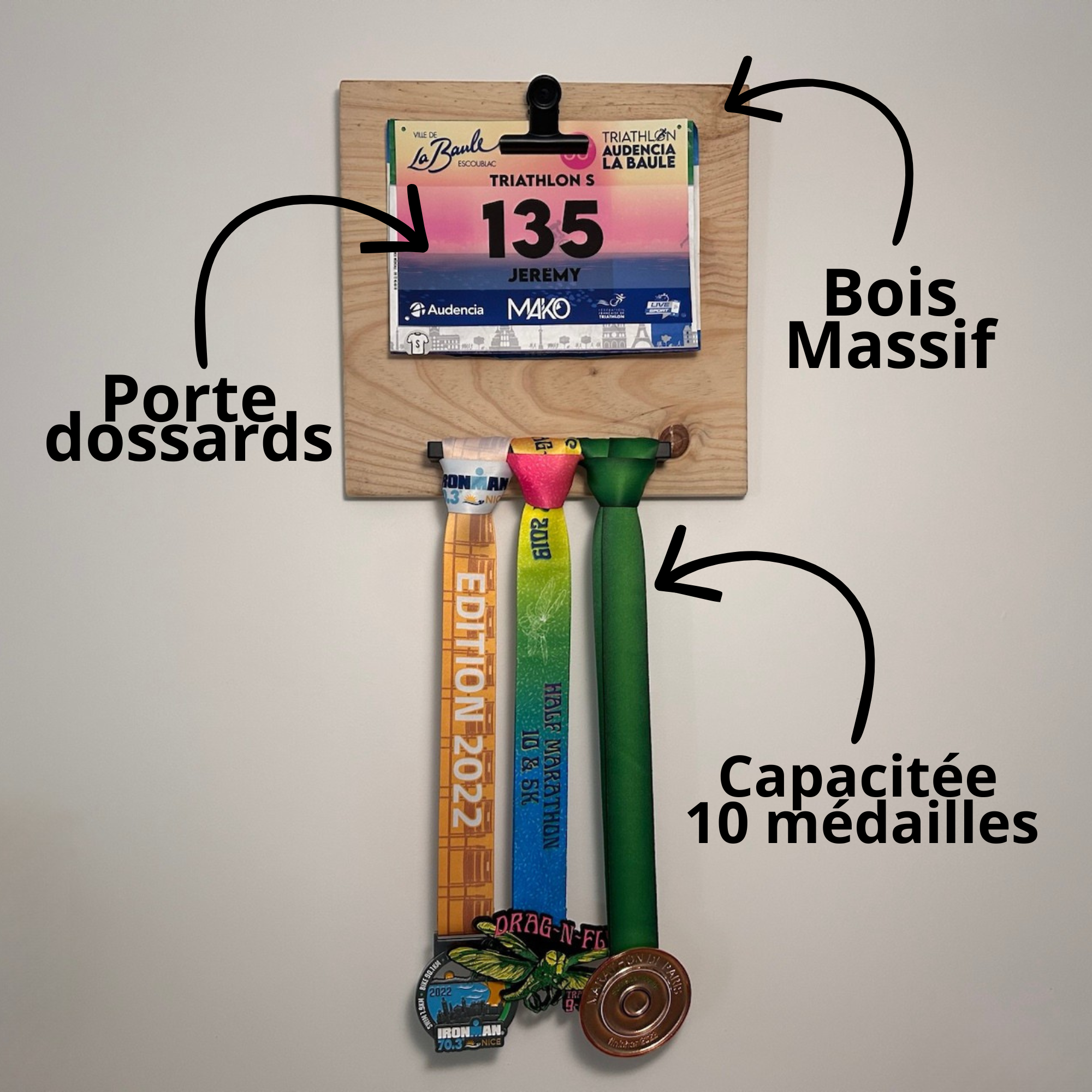 Support mural compact pour environ 10 médailles de running et triathlon