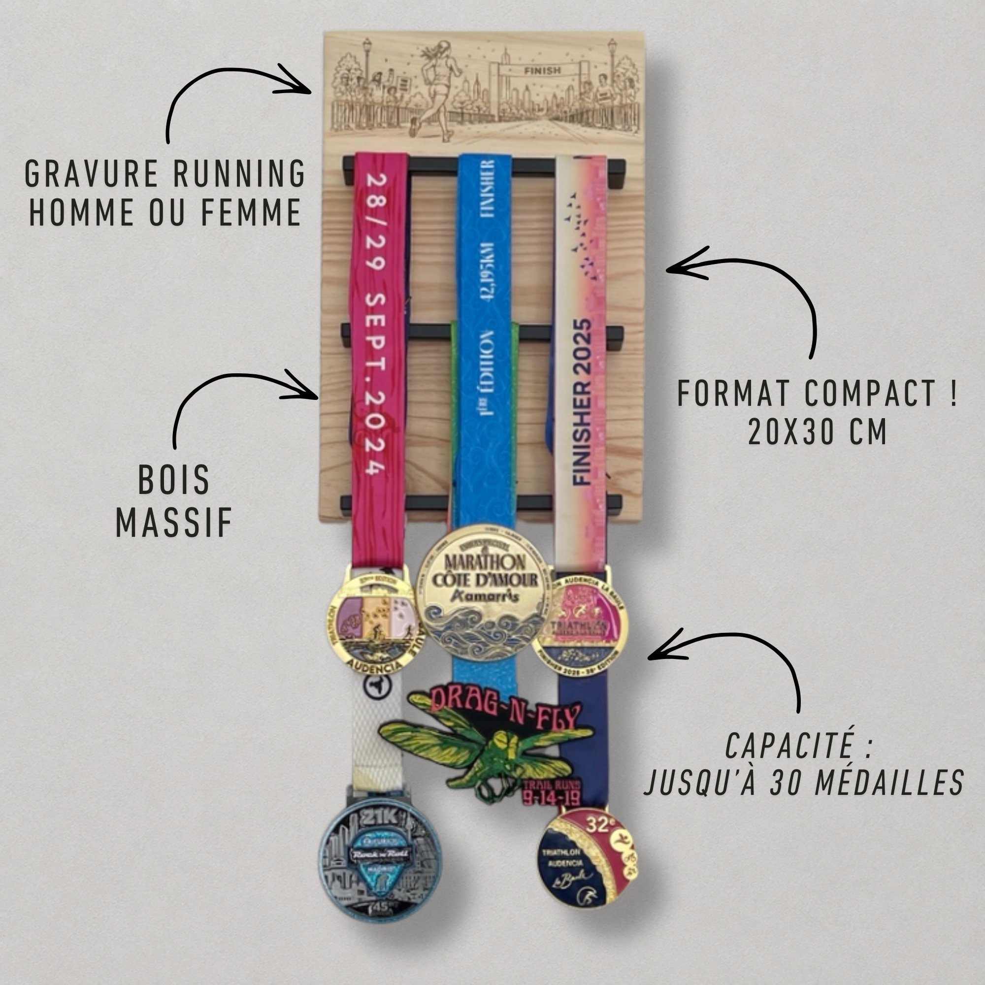 Porte médailles en bois avec zones explicatives pour médailles, dossards et fixation murale