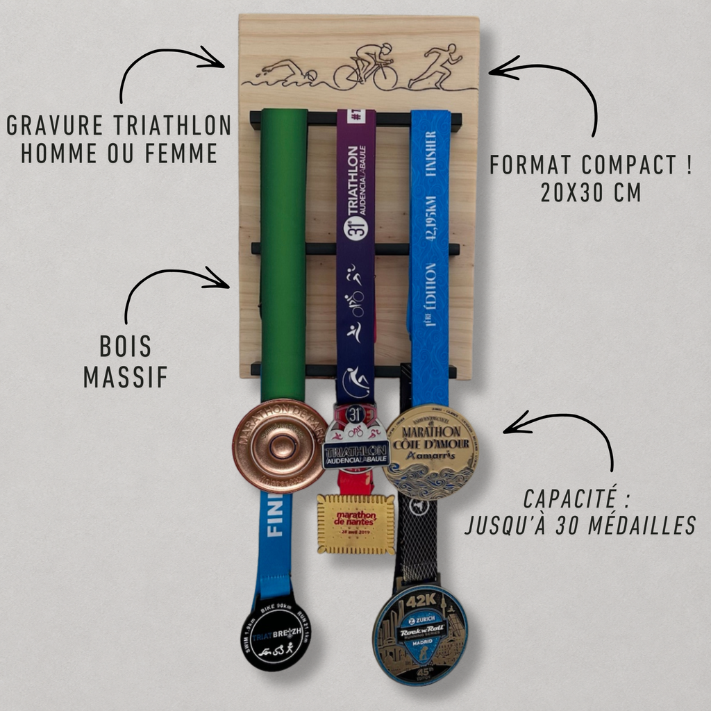 Support médailles triathlon mural en bois fabriqué en France