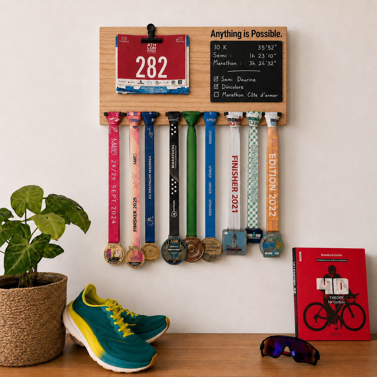 Support mural pour médailles, dossards et souvenirs sportifs fabriqué artisanalement en France