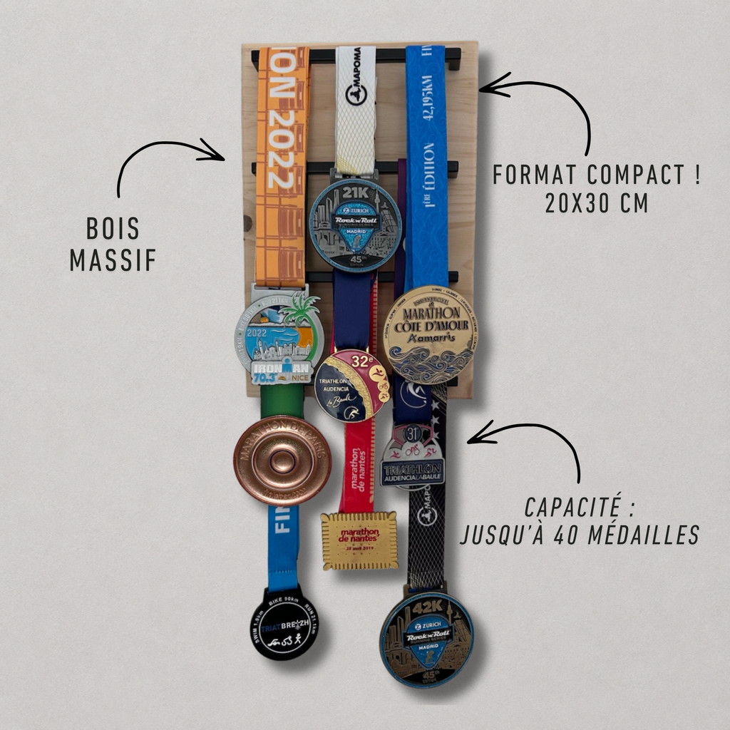 Support médailles mural en bois pour running, trail et triathlon