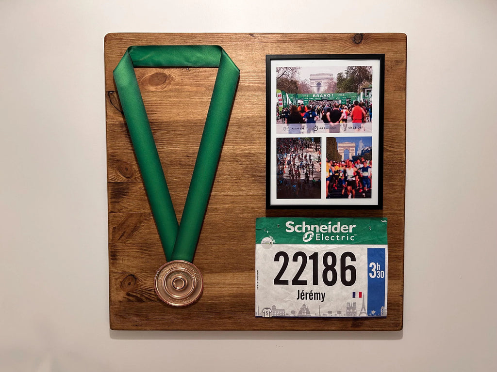 support médaille bois massif dossard course cadre photo personnalisé