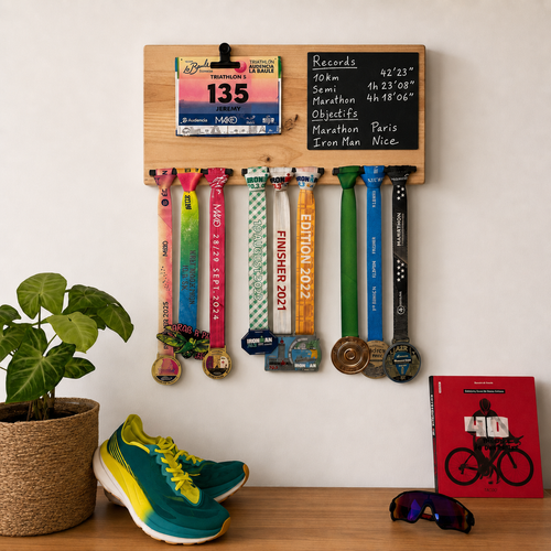 Support médailles et porte dossards Finisher Wall en bois massif pour running, triathlon et cyclisme