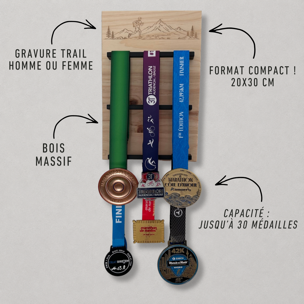 Porte médailles sport mural en bois pour trail, running et défis sportifs
